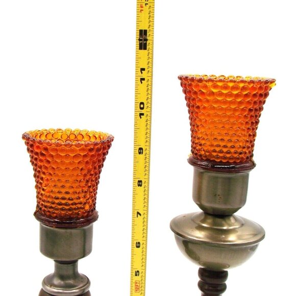 Set 2 Wooden Metal Candle Holders w/ Thousand Eye Hobnail Votives Amber Vintage - Picture 7 of 12